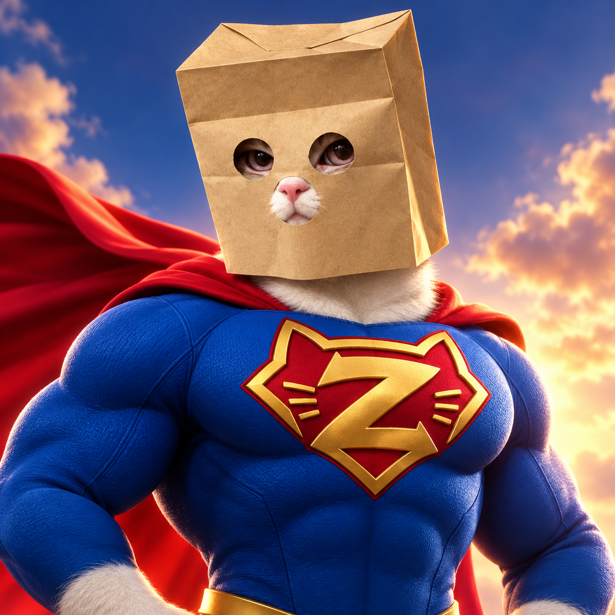 Super Anonymous Cat: a muscular cat in a blue hero suit with a red cape and a red and gold cat-head Z emblem, wearing a paper bag with eye holes, against a golden-hour sky